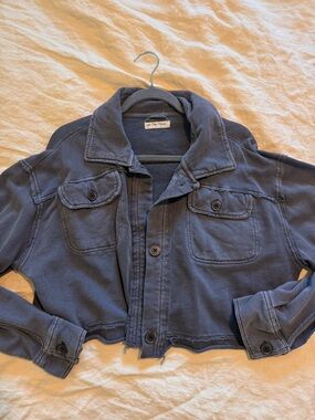 FREE PEOPLE Distressed Cropped Gray Button-Front Jacket Sz S